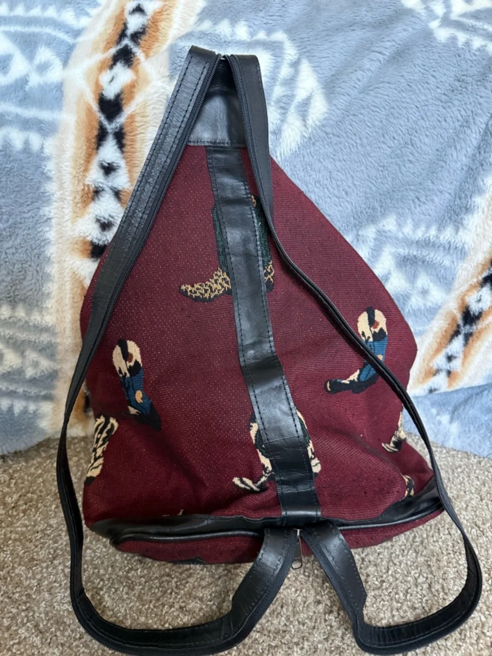 Vintage Douglas Cowboy Boot Pattern Sling Backpack